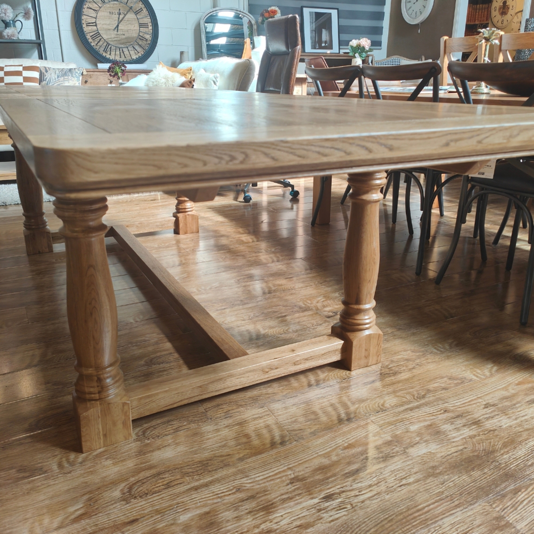 The Castle Light Oak Extension Dining Table 2.1m - 2.9m + 10 Casa Dining Chair Linen Cream Set image 2